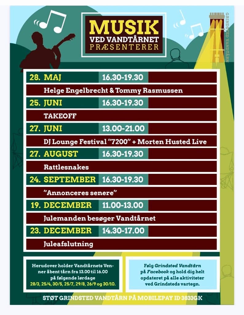 Plakat 2026 med Musik ved Vandtårnet, oversigt over koncerter ved Grindsted Vandtårn